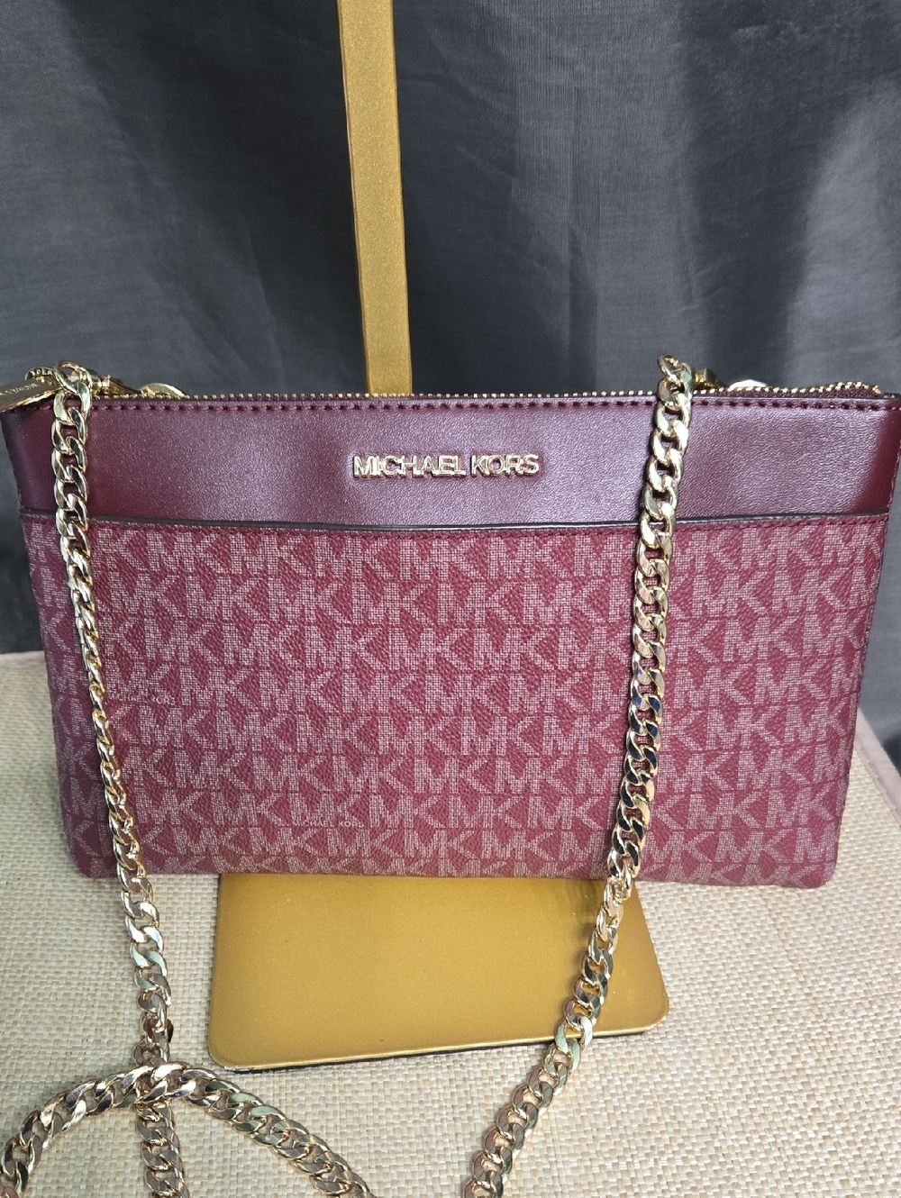 WEEKEND SALE!Like-new! Michael Kors Wine MK Logo Crossbody Bag with Gold Chain